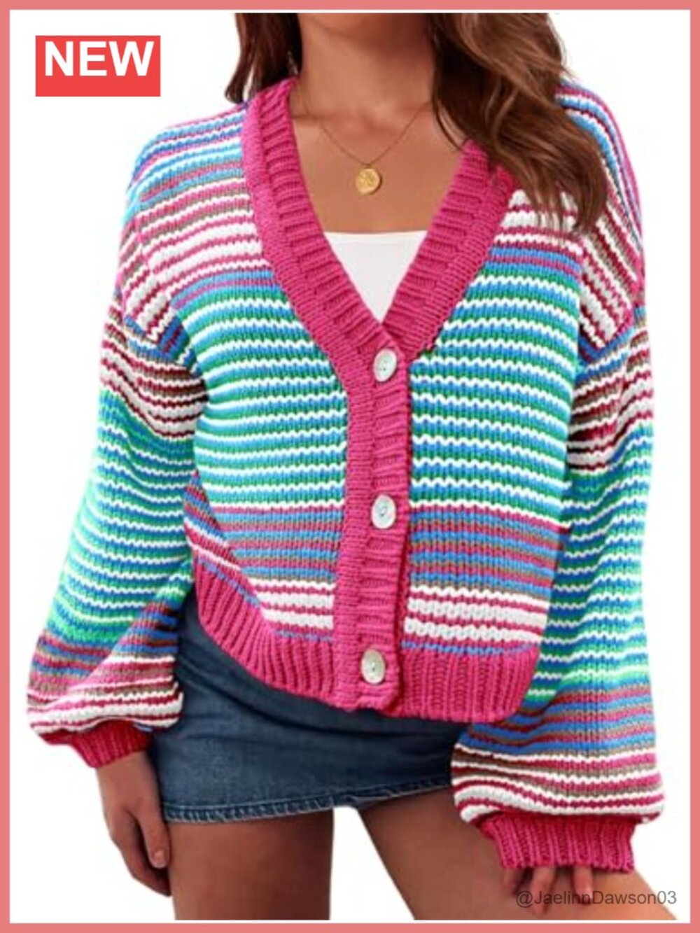 Women's Oversized Color Block Chunky Knit Cardigan Button Down Lantern Sleeve